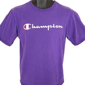 Vintage Champion Brand T Shirt Mens Size Medium Purple Y2K Spell Out